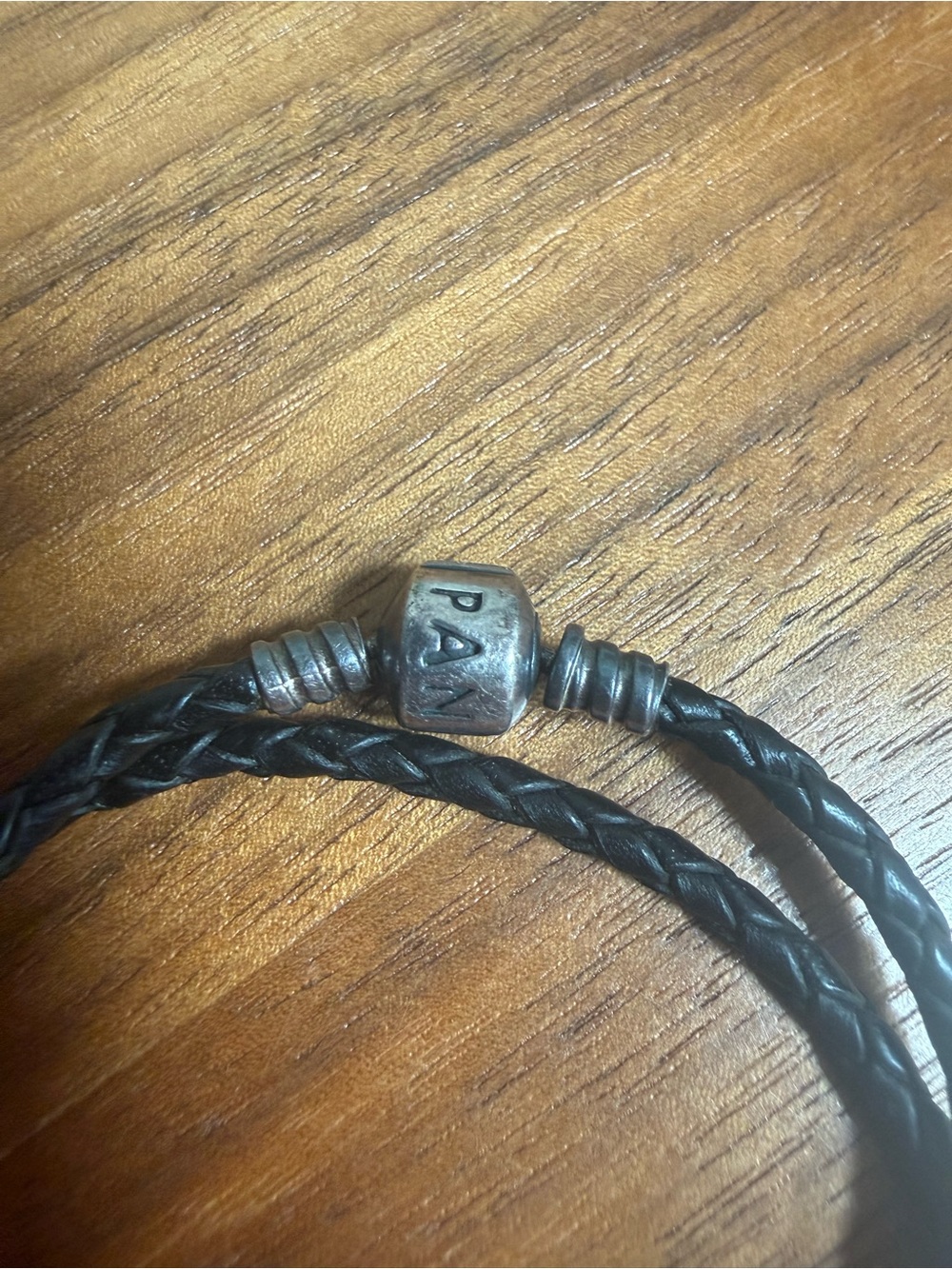 Pandora Black Braided Leather Double Wrap Bracelet with Sterling Silver moments - Picture 2 of 9